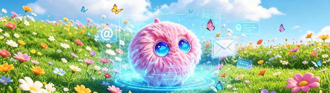 Pink fluffy toy with large blue eyes on a colorful field with flowers and butterflies